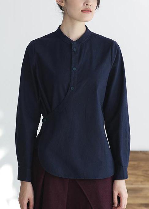 French cotton Blouse Vintage Curving Single Breasted Plus Size Shirt - SooLinen