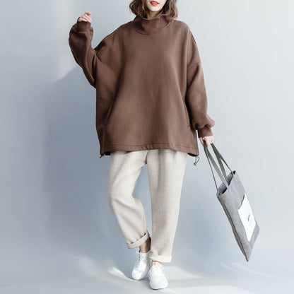 Französische Baumwolle Long Shirts Bio High Neck Baggy Nähen braune Tunika