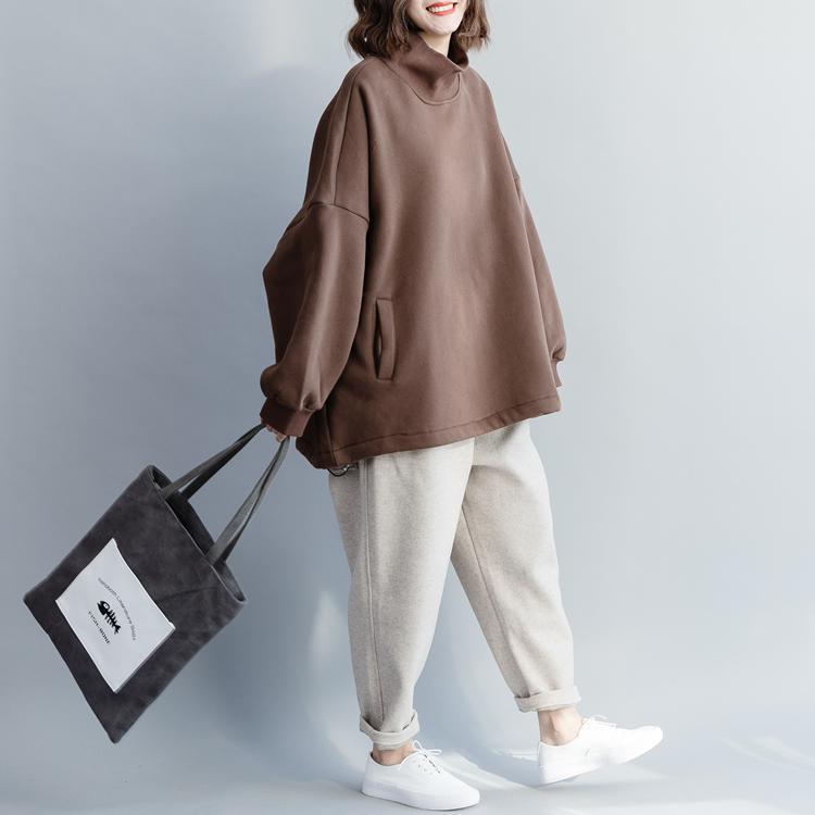 Französische Baumwolle Long Shirts Bio High Neck Baggy Nähen braune Tunika