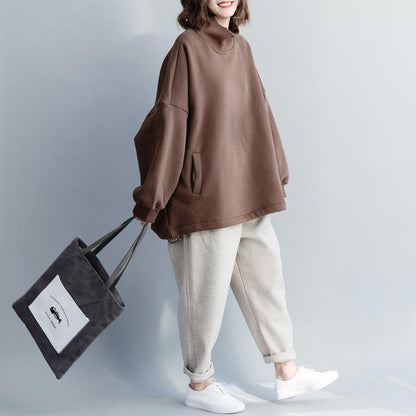 Französische Baumwolle Long Shirts Bio High Neck Baggy Nähen braune Tunika