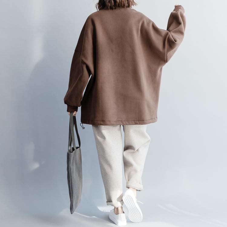 Französische Baumwolle Long Shirts Bio High Neck Baggy Nähen braune Tunika