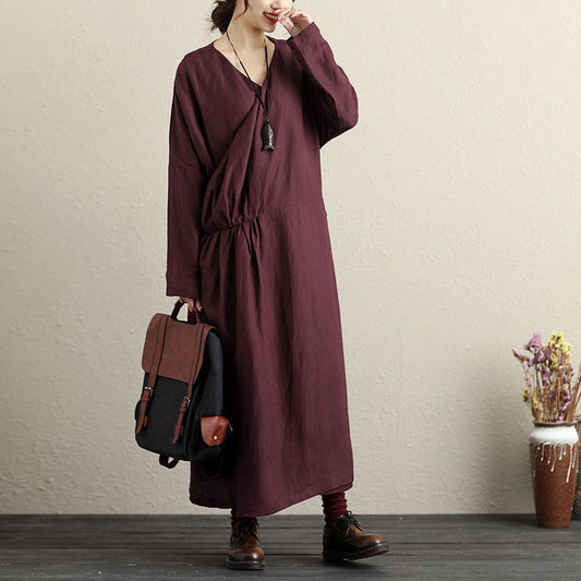 Französische Baumwolle Long Shirts Pakistani V Hals Langarm Dunkelrot Damen Kleid