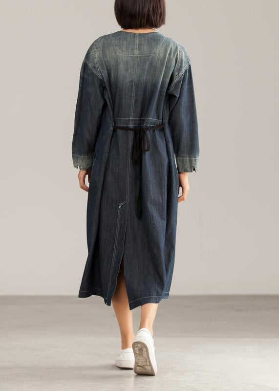 Französische Baumwollkleider Lässiges V-Ausschnitt Denim Blau Damen Freizeitkleid