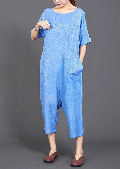 French cotton jumpsuit pants fine blue Solid Color Casual Loose Comfortable Jumpsuit - SooLinen
