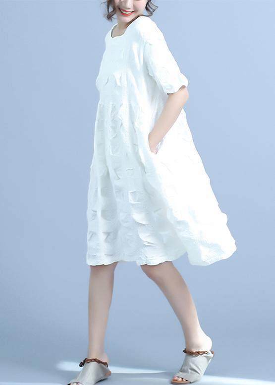 French cotton quilting white clothes plus size Pleated Loose Short Sleeve Summer Dress - SooLinen