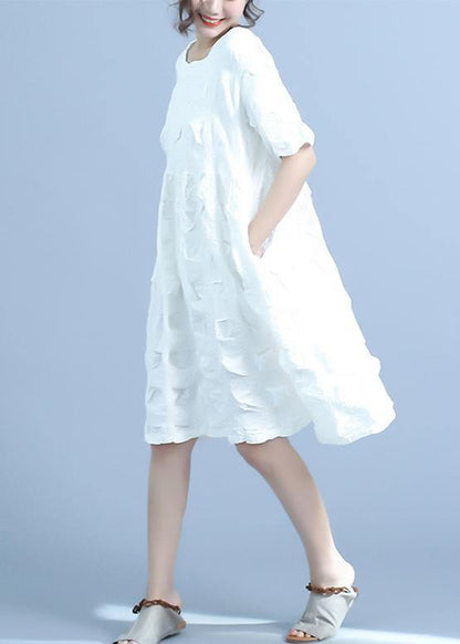 French cotton quilting white clothes plus size Pleated Loose Short Sleeve Summer Dress - SooLinen