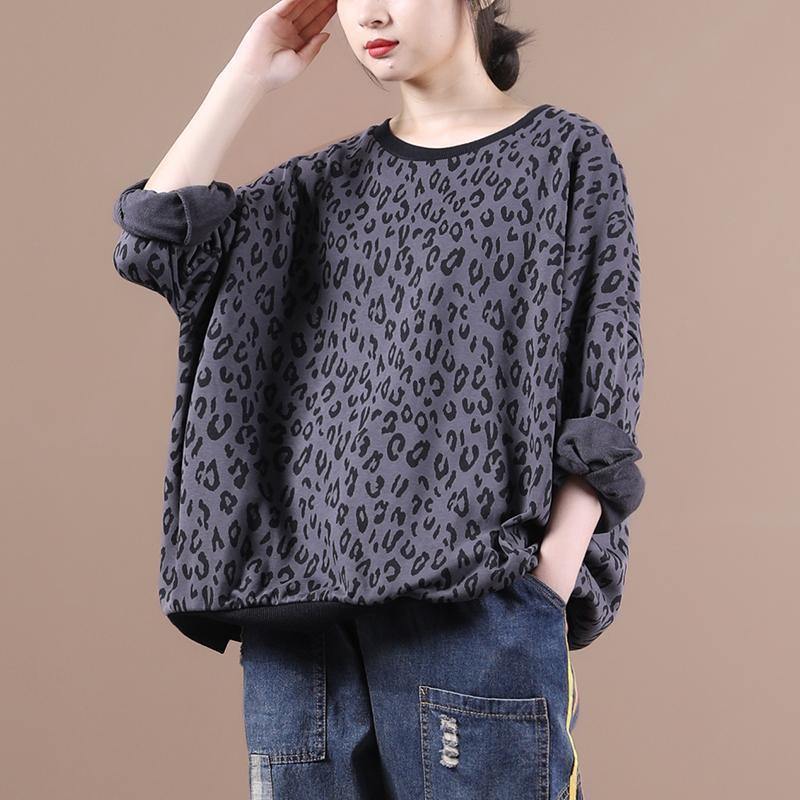 French dark gray Leopard tops women blouses o neck loose blouses - SooLinen