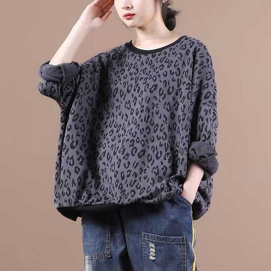 French dark gray Leopard tops women blouses o neck loose blouses - SooLinen