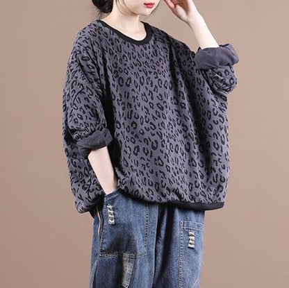 French dark gray Leopard tops women blouses o neck loose blouses - SooLinen