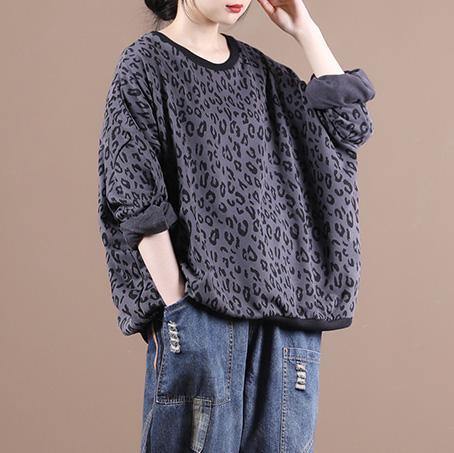 French dark gray Leopard tops women blouses o neck loose blouses - SooLinen