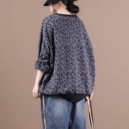 French dark gray Leopard tops women blouses o neck loose blouses - SooLinen