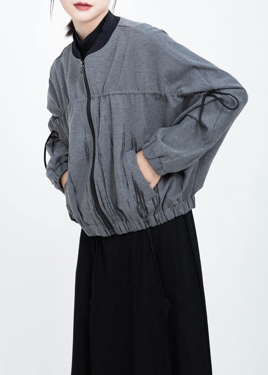 French elastic hem fine zippered short coats gray prints short outwear - SooLinen