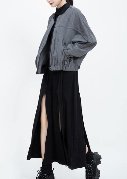 French elastic hem fine zippered short coats gray prints short outwear - SooLinen