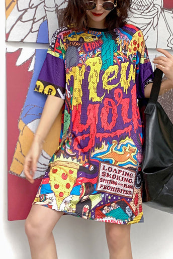 Französisches Blumenoutfit Drops Design Shirts Strand O-Ausschnitt Tunika Sommerkleider