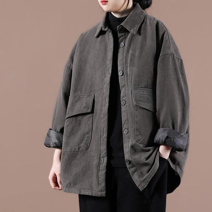 French gray Plus Size maxi coat Cotton lapel Button Down spring jackets - SooLinen