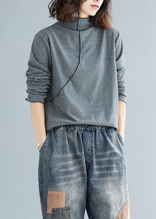 French gray cotton tops women blouses high neck Art top - SooLinen