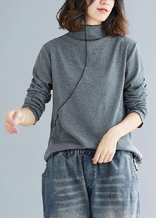 French gray cotton tops women blouses high neck Art top - SooLinen
