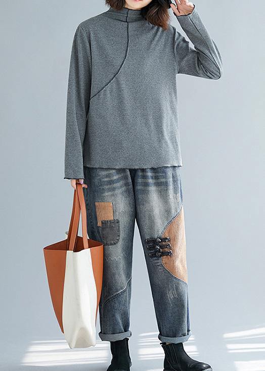 French gray cotton tops women blouses high neck Art top - SooLinen