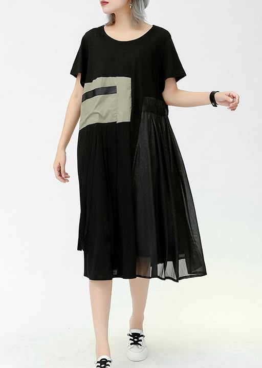 French gray green cotton quilting clothes o neck patchwork pockets long summer Dresses - SooLinen