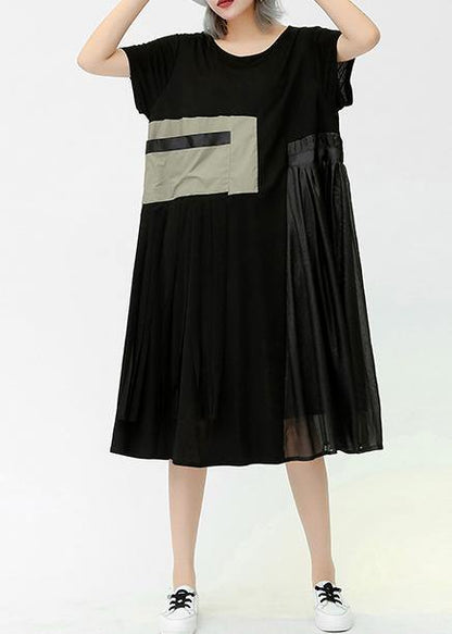 French gray green cotton quilting clothes o neck patchwork pockets long summer Dresses - SooLinen