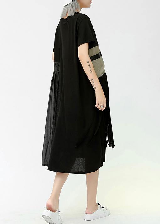 French gray green cotton quilting clothes o neck patchwork pockets long summer Dresses - SooLinen