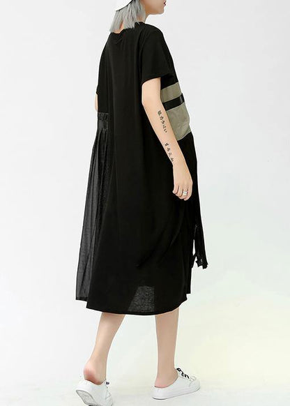 French gray green cotton quilting clothes o neck patchwork pockets long summer Dresses - SooLinen