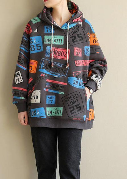 French gray prints cotton shirts hooded tunic spring blouses - SooLinen