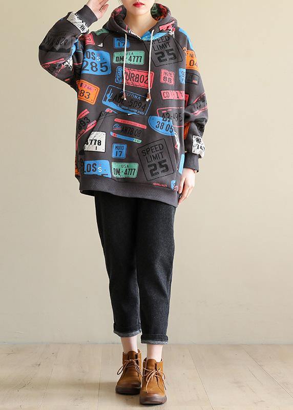 French gray prints cotton shirts hooded tunic spring blouses - SooLinen