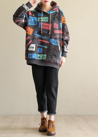 French gray prints cotton shirts hooded tunic spring blouses - SooLinen