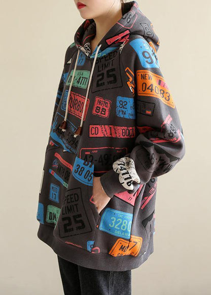 French gray prints cotton shirts hooded tunic spring blouses - SooLinen