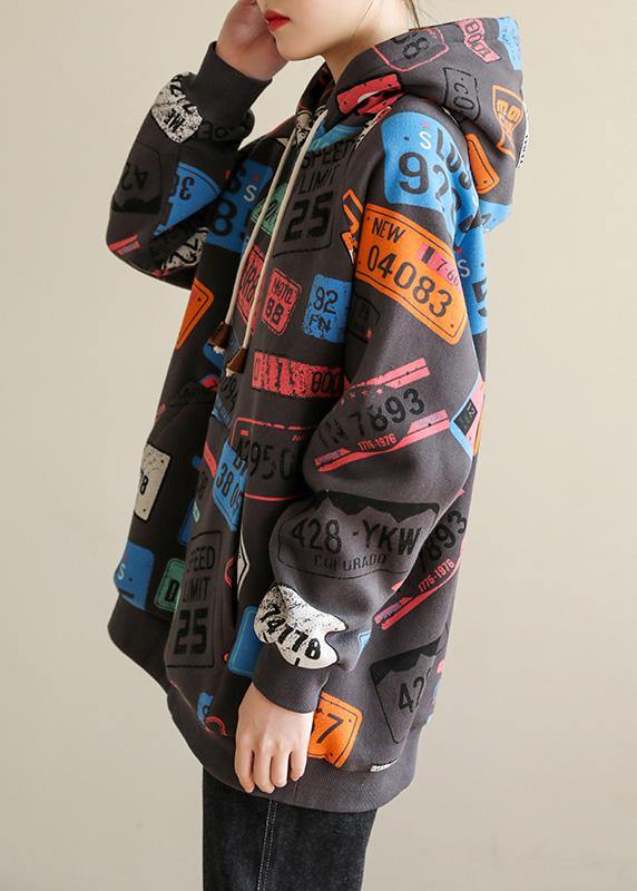 French gray prints cotton shirts hooded tunic spring blouses - SooLinen