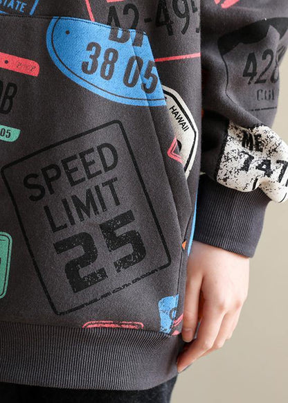 French gray prints cotton shirts hooded tunic spring blouses - SooLinen