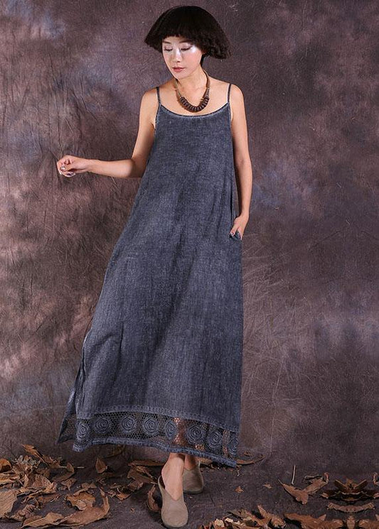 French gray side open linen clothes For Women hollow out hem Maxi summer Dresses - SooLinen