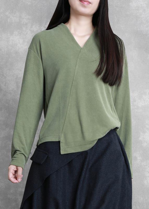 French green Tunic v neck asymmetric short blouses - SooLinen