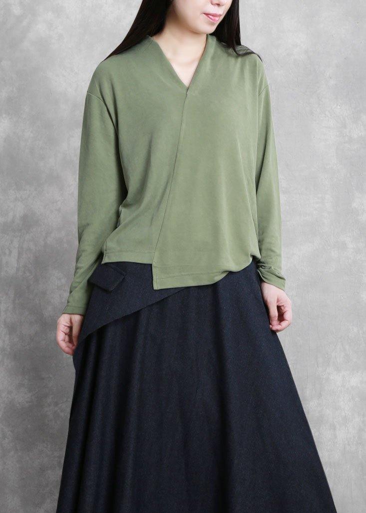 French green Tunic v neck asymmetric short blouses - SooLinen