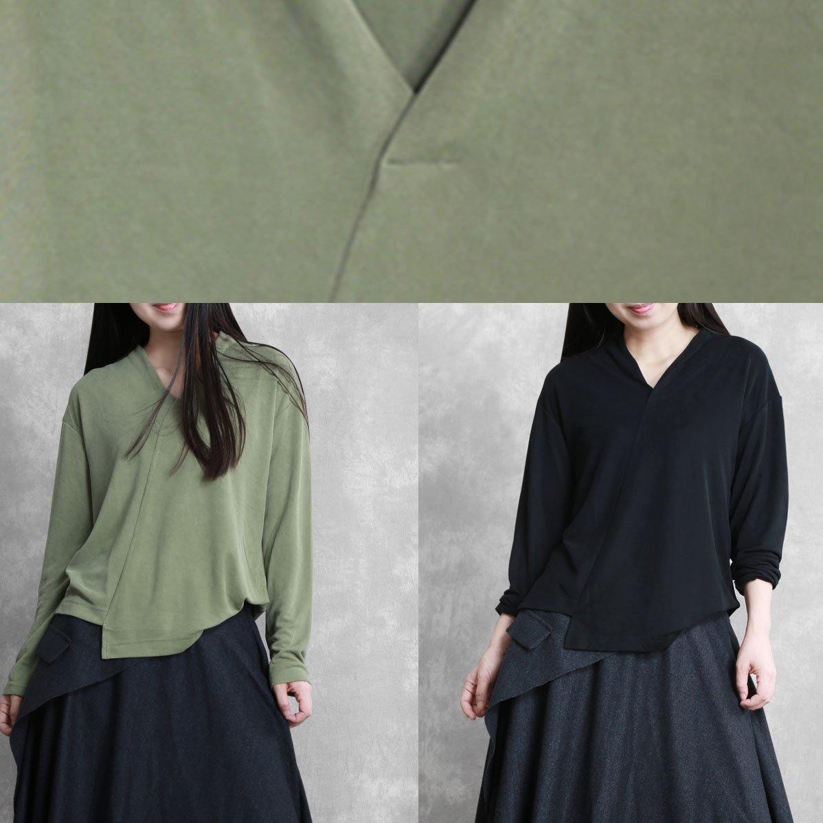 French green Tunic v neck asymmetric short blouses - SooLinen