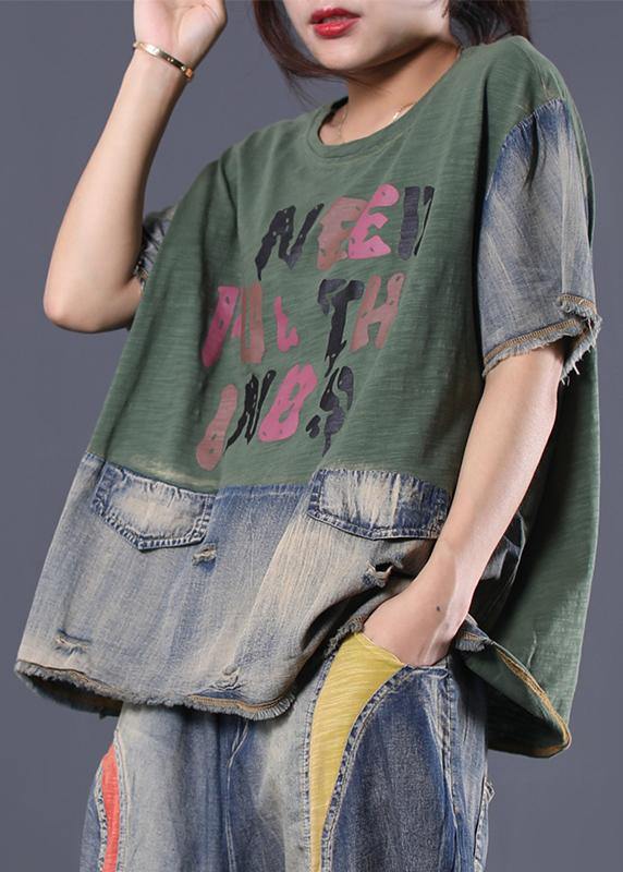 French green alphabet prints cotton blouses for women patchwork cotton summer blouses - SooLinen