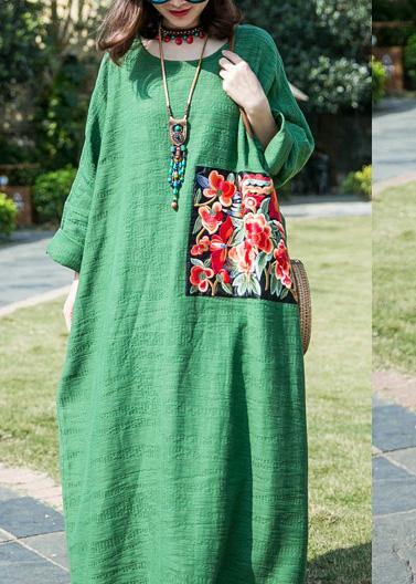French green cotton linen clothes o neck patchwork Maxi summer Dresses - SooLinen