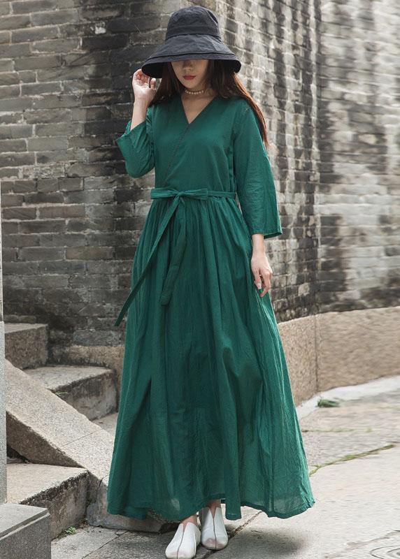 French green embroiedry linen Wardrobes bracelet sleeved loose fall Dresses - SooLinen