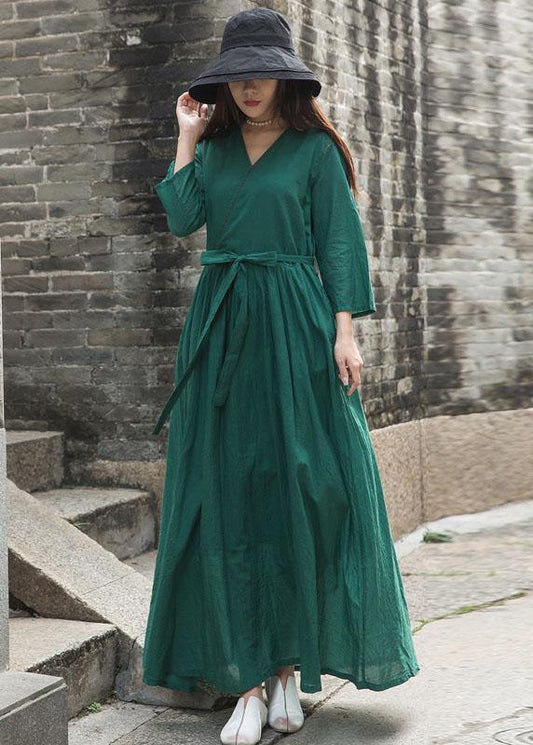 French green embroiedry linen Wardrobes bracelet sleeved loose fall Dresses - SooLinen