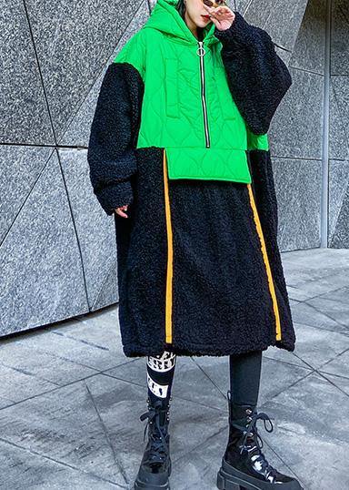 French green patchwork  clothes hooded zippered Robe fall Dresses - SooLinen