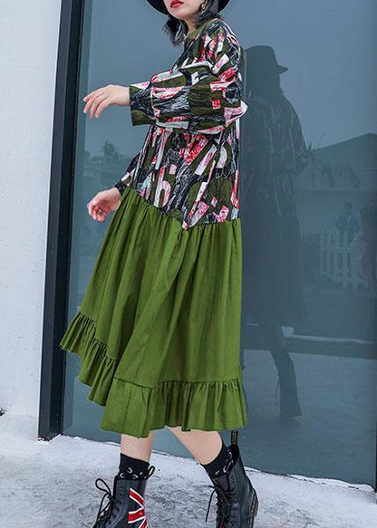 French green patchwork Cotton quilting dresses prints Plus Size fall Dress - SooLinen