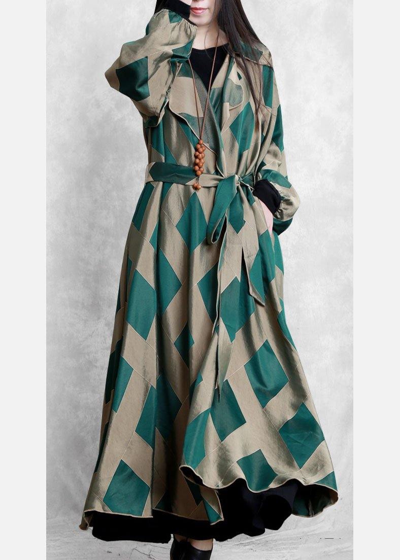 French green plaid fine clothes For Women Work Outfits Notched tie waist coat - SooLinen