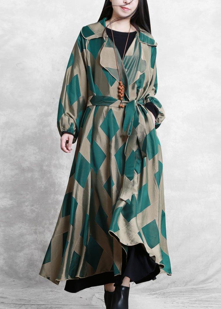 French green plaid fine clothes For Women Work Outfits Notched tie waist coat - SooLinen