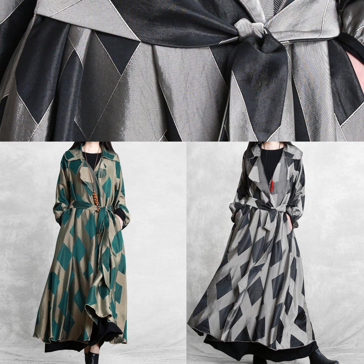 French green plaid fine clothes For Women Work Outfits Notched tie waist coat - SooLinen