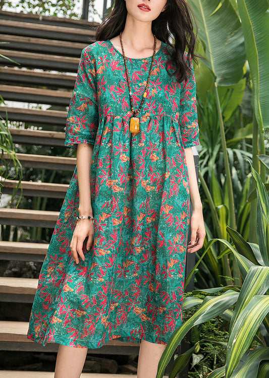 Französisches Leinenkleid mit grünem Aufdruck, Omychic-Muster, Rundhalsausschnitt, Sommerkleid aus Baumwolle