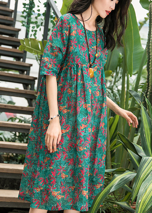 Französisches Leinenkleid mit grünem Aufdruck, Omychic-Muster, Rundhalsausschnitt, Sommerkleid aus Baumwolle