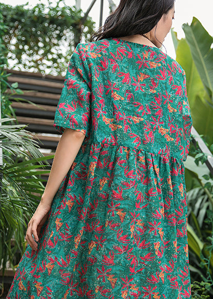 Französisches Leinenkleid mit grünem Aufdruck, Omychic-Muster, Rundhalsausschnitt, Sommerkleid aus Baumwolle