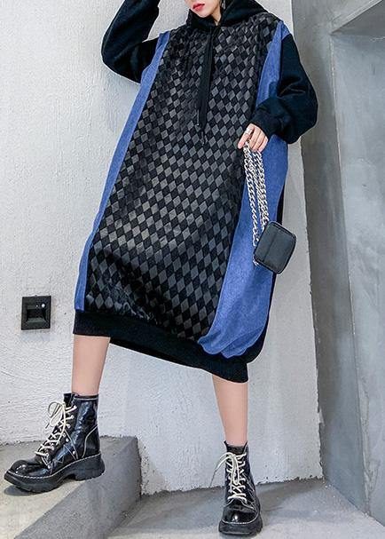 French hooded cotton patchwork clothes Runway black Dresses - SooLinen