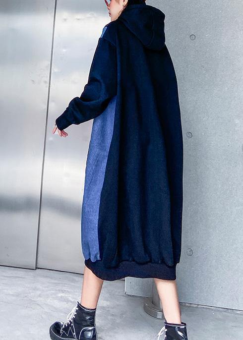 French hooded cotton patchwork clothes Runway black Dresses - SooLinen